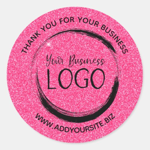 Faux Bright Pink Glitter Business Logo Thank You Classic Round Sticker