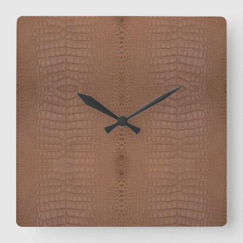 Faux Brown Alligator Leather Square Wall Clock