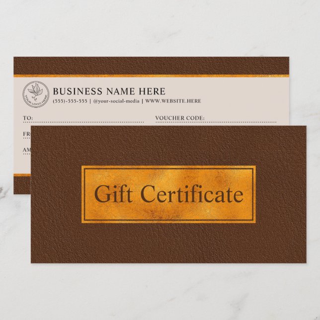 Faux Brown Leather And Gold Foil Gift Certificate (Front/Back)