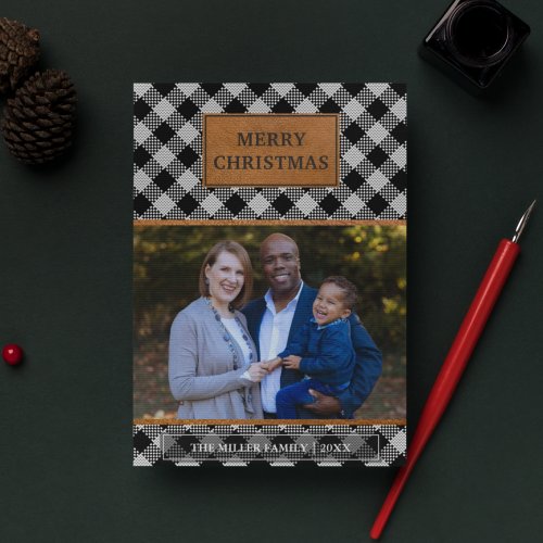 Faux Brown Leather Black Buffalo Plaid Christmas Holiday Card