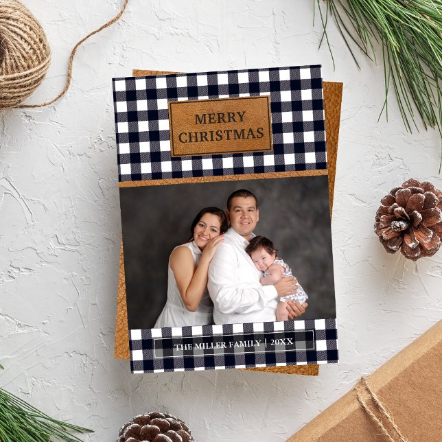 Faux Brown Leather Black Buffalo Plaid Christmas Holiday Card (Creator Uploaded)