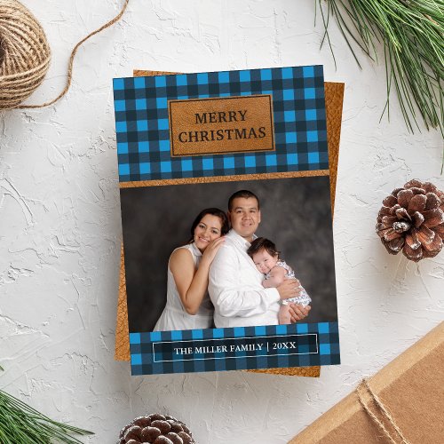 Faux Brown Leather Blue Buffalo Plaid Christmas Holiday Card