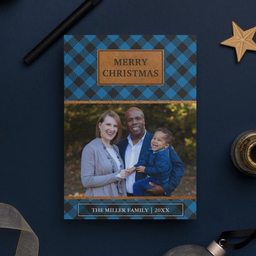 Faux Brown Leather Blue Buffalo Plaid Christmas Holiday Card