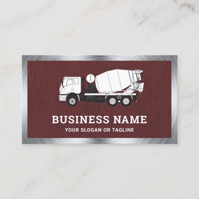 Faux Brown Leather Concrete Mixer Cement Truck Business Card (Front)