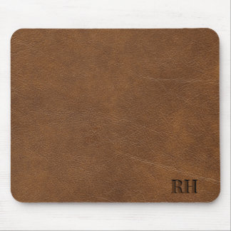 Faux Brown Leather Custom Monogrammed Initials  Mouse Pad