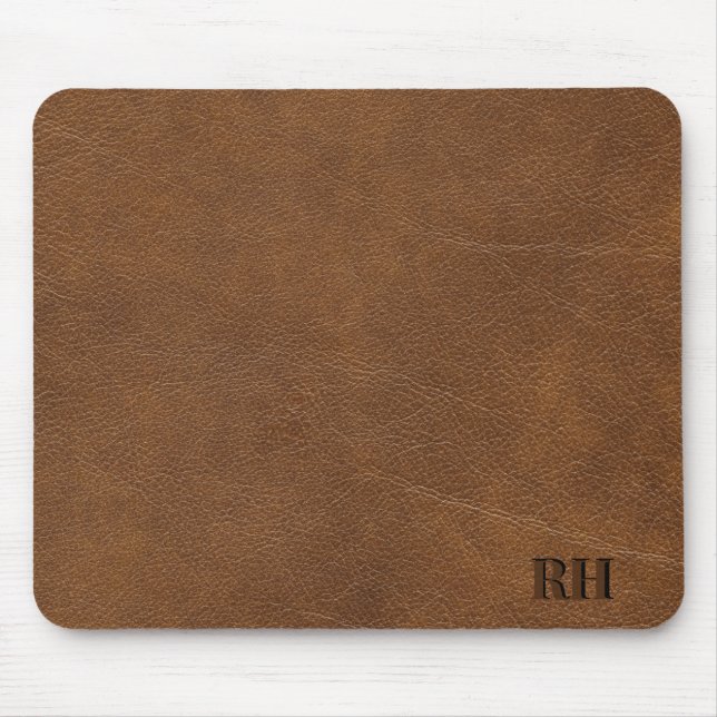 Faux Brown Leather Custom Monogrammed Initials  Mouse Pad (Front)