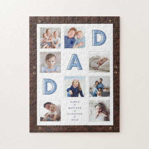 Faux Brown Leather Frame Dad Photo Collage Jigsaw Puzzle