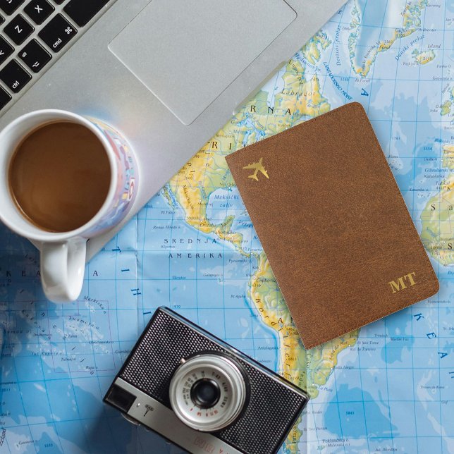 Faux Brown Leather Gold Monogrammed Airplane Passport Holder (Faux Brown Leather Gold Monogrammed Airplane Passport Holder)