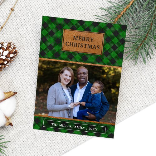 Faux Brown Leather Green Buffalo Plaid Christmas Holiday Card