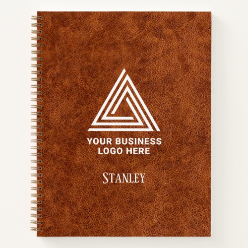 Faux Brown Leather Minimalist Logo Employee Name Notebook