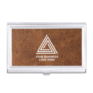 Faux Brown Leather Modern Business Logo Card Case