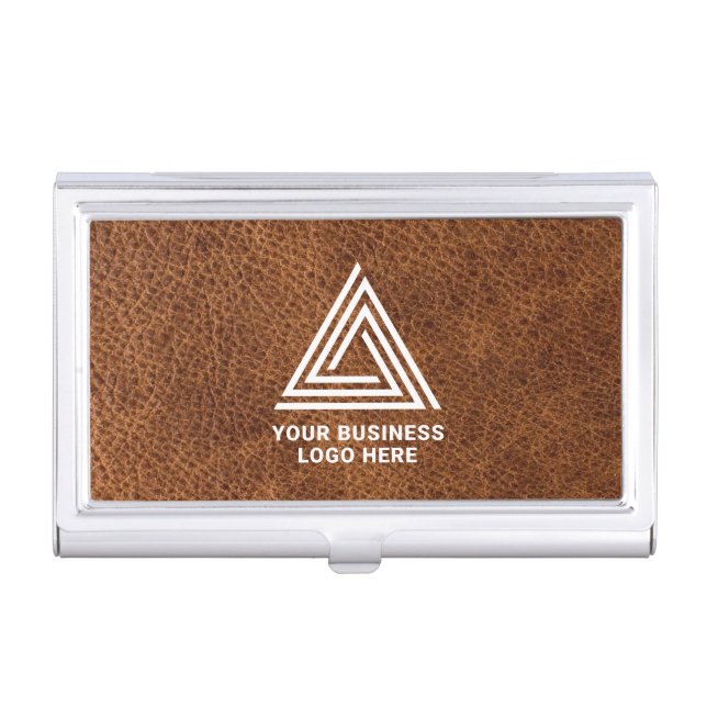 Faux Brown Leather Modern Business Logo Card Case (Front)
