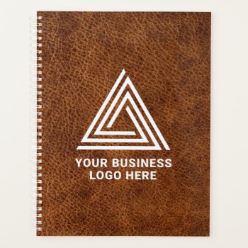 Faux Brown Leather Modern Business Logo Planner by designs4you at Zazzle