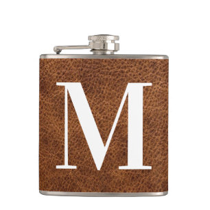 Faux Brown Leather Modern Monogram Flask