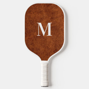 Faux Brown Leather Modern Monogram Pickleball Paddle