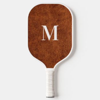 Faux Brown Leather Modern Monogram Pickleball Paddle by designs4you at Zazzle