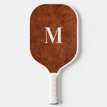 Faux Brown Leather Modern Monogram Pickleball Paddle