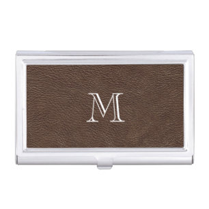 Faux Brown Leather Monogram Business Card Holder