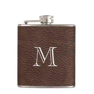 Faux Brown Leather Monogram Stainless Steel Flask