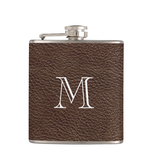 Faux Brown Leather Monogram Stainless Steel Flask (Front)