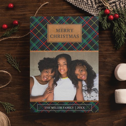 Faux Brown Leather Red and Green Tartan Christmas Holiday Card