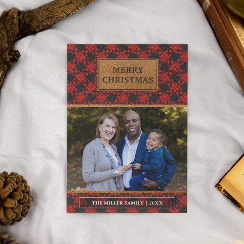 Faux Brown Leather Red Buffalo Plaid Christmas Holiday Card