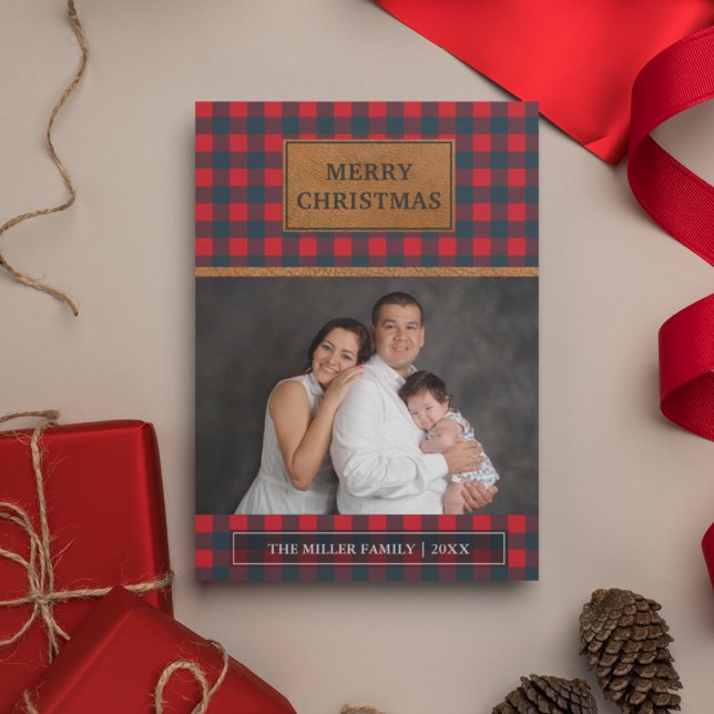Faux Brown Leather Red Buffalo Plaid Christmas Holiday Card (Creator Uploaded)