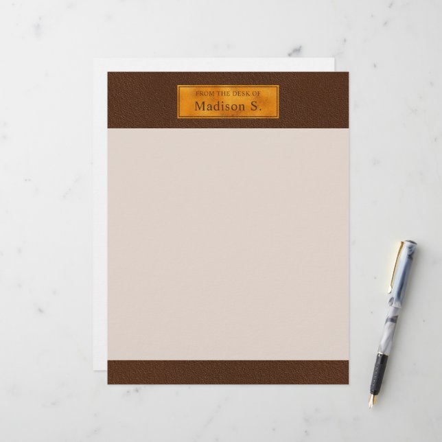 Faux Brown Leather Texture With Gold Foil Banner Letterhead (Front/Back In Situ)