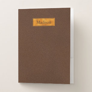 Faux Brown Leather Texture With Gold Foil Banner Pocket Folder