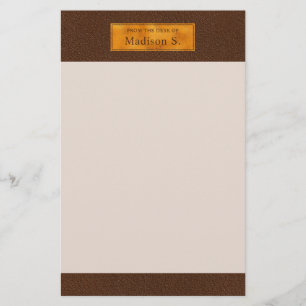 Faux Brown Leather Texture With Gold Foil Banner Stationery