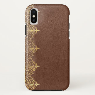 Faux Brown Vintage Leather Gold Floral Border iPhone X Case