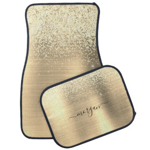 Faux Brushed Gold Metal, Glitter, Script Name Car Floor Mat