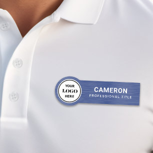 Faux Brushed Metal Blue Circle Company Logo Name Tag