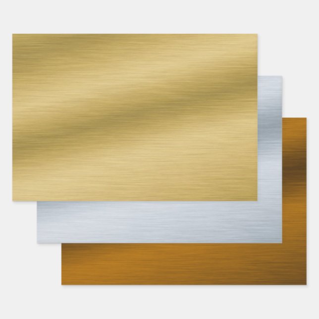 Faux Brushed Metal - Gold Silver Bronze Wrapping Paper Sheets (Set)