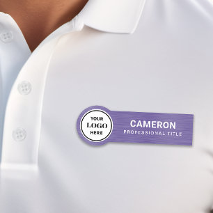Faux Brushed Metal Purple Circle Company Logo Name Tag