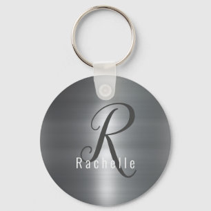 Faux Brushed Metal Stainless Steel Monogram Name Keychain