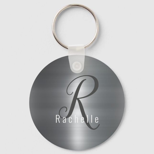 Faux Brushed Metal Stainless Steel Monogram Name Keychain (Front)