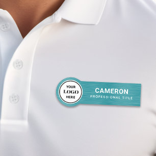 Faux Brushed Metal Teal Circle Company Logo Name Tag