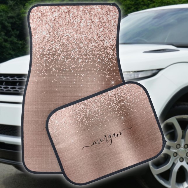 Faux Brushed Rose Gold Metal, Glitter, Script Name Car Floor Mat (Creator Uploaded)