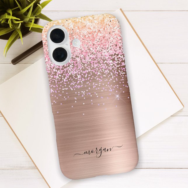 Faux Brushed Rose Gold Metal, Glitter, Script Name Case-Mate iPhone Case (Creator Uploaded)