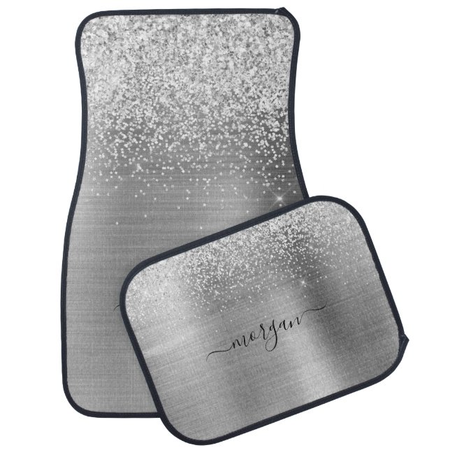 Faux Brushed Silver Metal & Glitter, Script Name Car Floor Mat (Set)