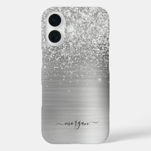 Faux Brushed Silver Metal, Glitter, Script Name iPhone 16 Case