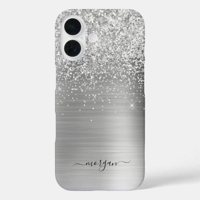 Faux Brushed Silver Metal, Glitter, Script Name Case-Mate iPhone Case (Back)
