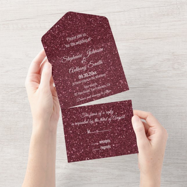 Faux Burgundy Glitter Wedding All In One Invitation (Tearaway)