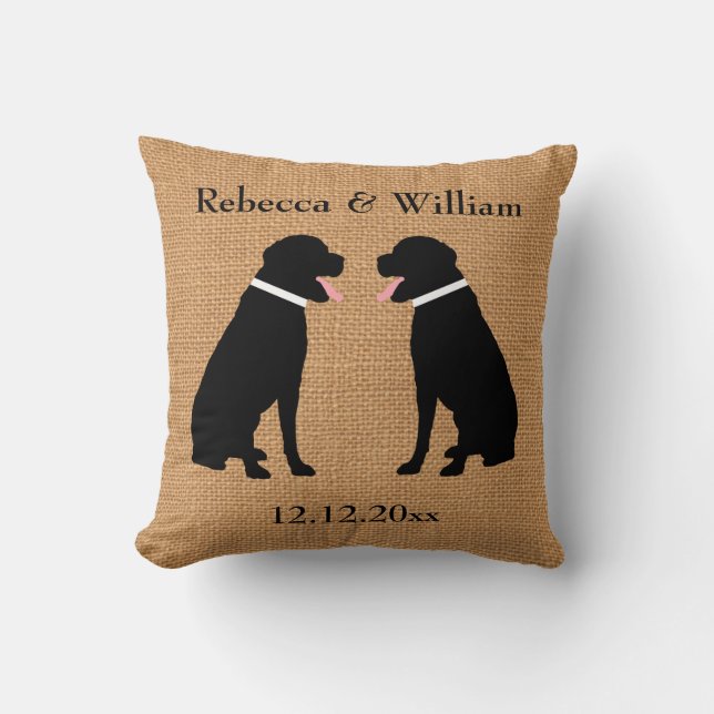 Faux Burlap 2 Black Labradors Personalized Wedding Throw Pillow (Front)