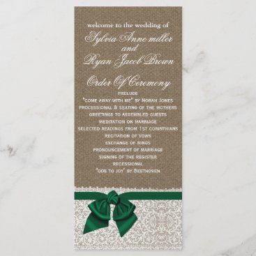 FAUX Burlap and emerald green lace Wedding program