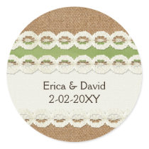 FAUX burlap and lace lime country wedding Classic Round Sticker