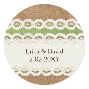 FAUX burlap and lace lime country wedding Classic Round Sticker
