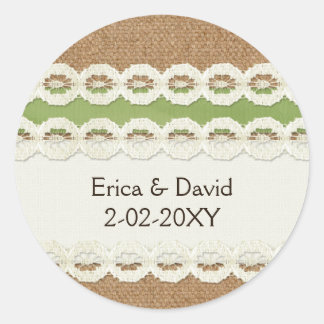 FAUX burlap and lace lime country wedding Classic Round Sticker