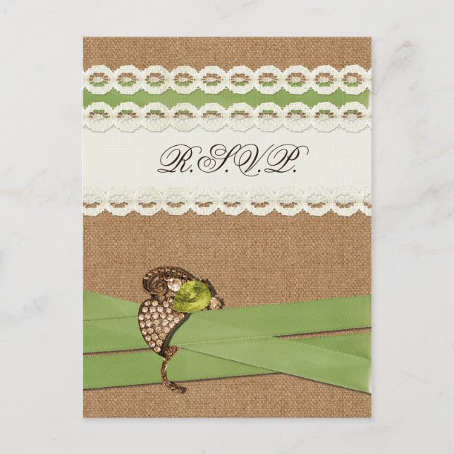 FAUX burlap and lace lime country wedding Invitation Postcard (Front)